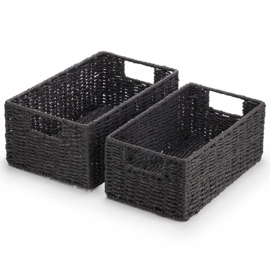 Woodluv Set of 2 Large & Medium Paper-rope Basket , Black