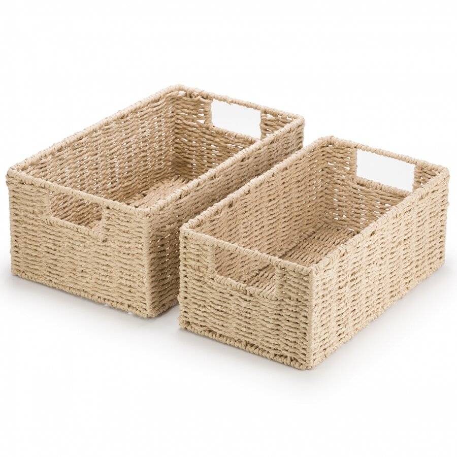 Woodluv Set of 2 Large & Medium Paper-rope Nestable Baskets, Khakhi