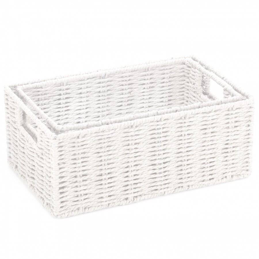 Woodluv Set of 2 Large & Medium Paper-rope Nestable Baskets, White