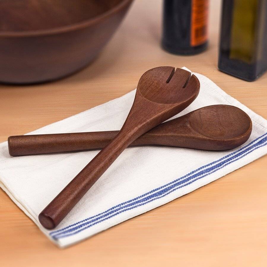 Woodluv Set of 2 Mango Wood Salad Servers or Salad Tongs, Brown