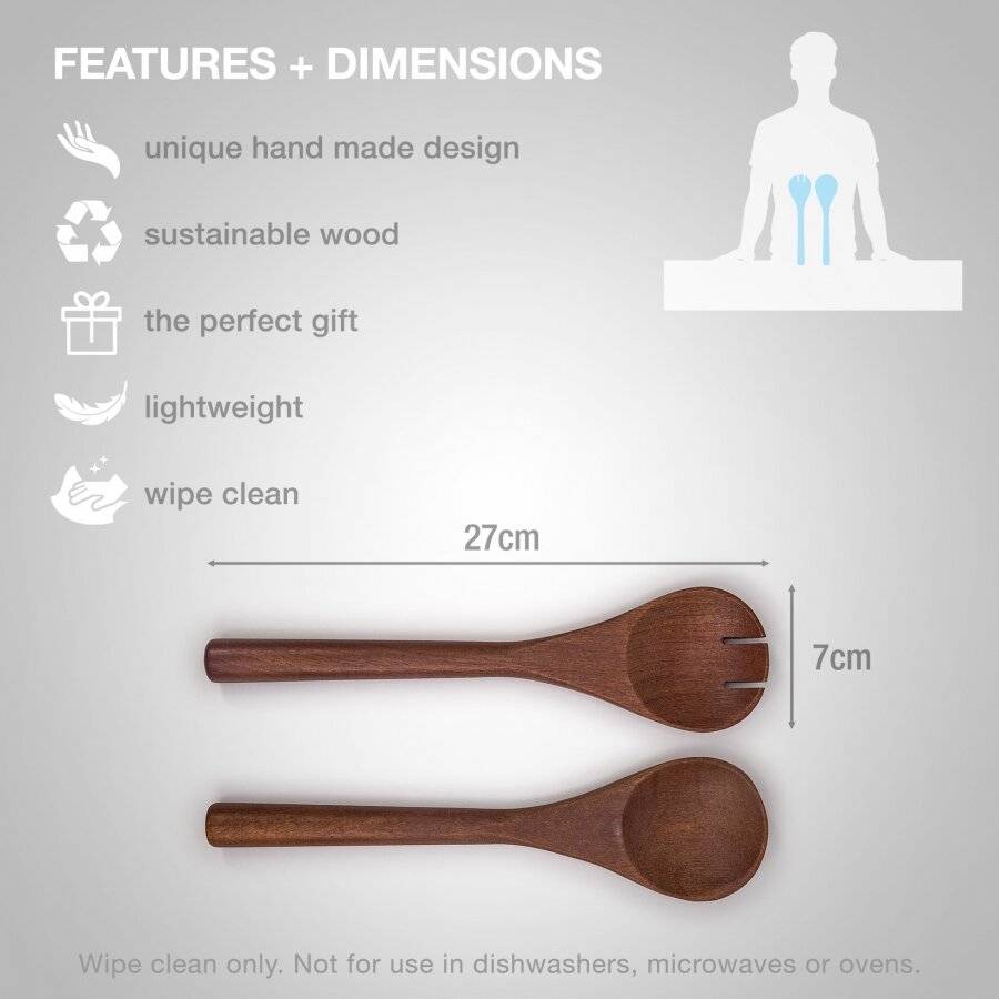 Woodluv Set of 2 Mango Wood Salad Servers or Salad Tongs, Brown