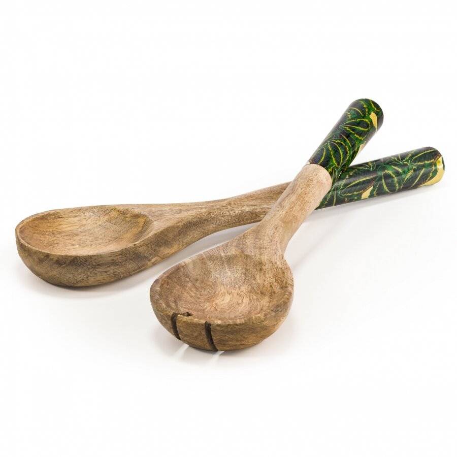 Woodluv Set of 2 Mango Wood Tropical Enamelled Salad Servers