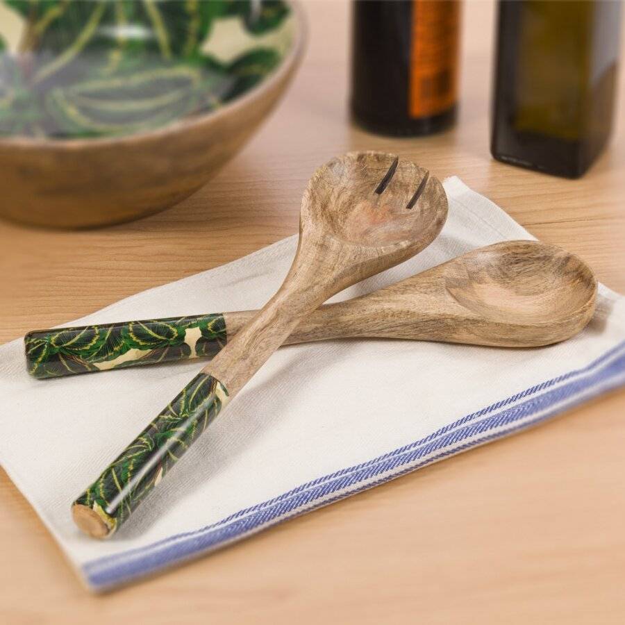 Woodluv Set of 2 Mango Wood Tropical Enamelled Salad Servers