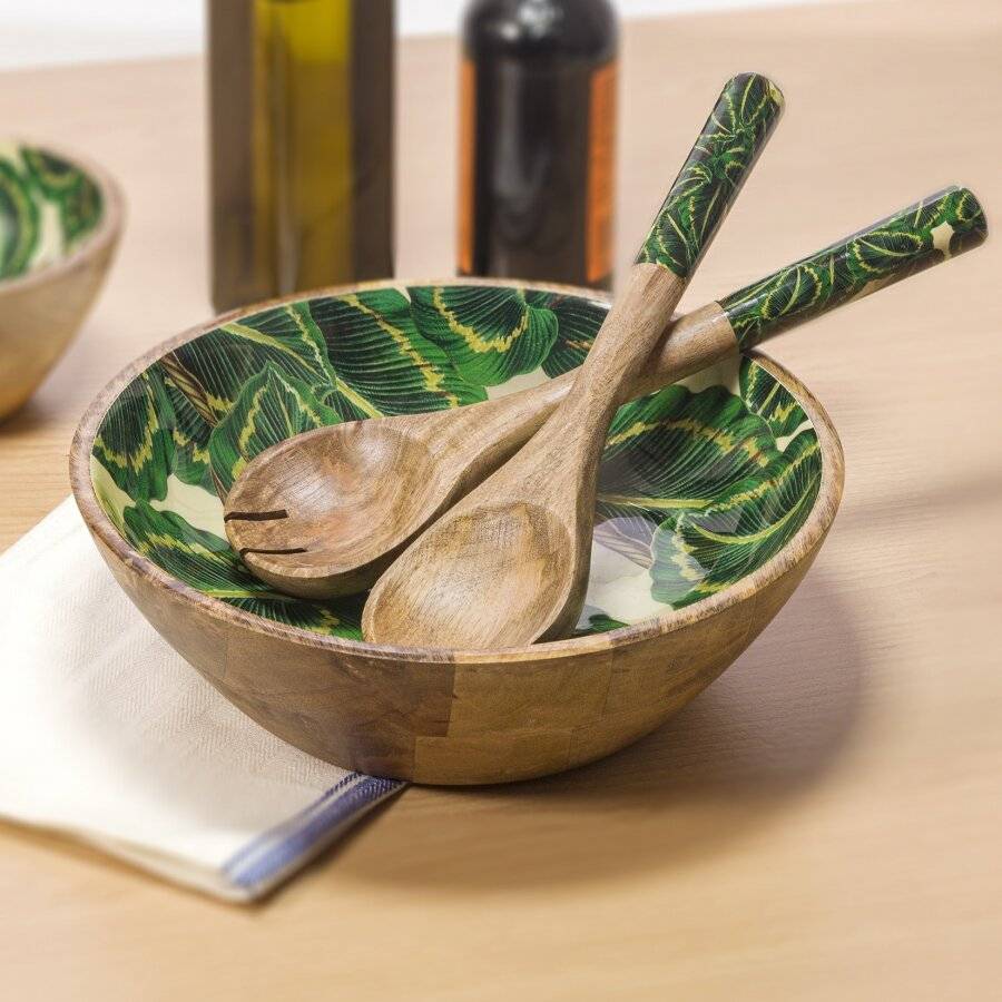 Woodluv Set of 2 Mango Wood Tropical Enamelled Salad Servers