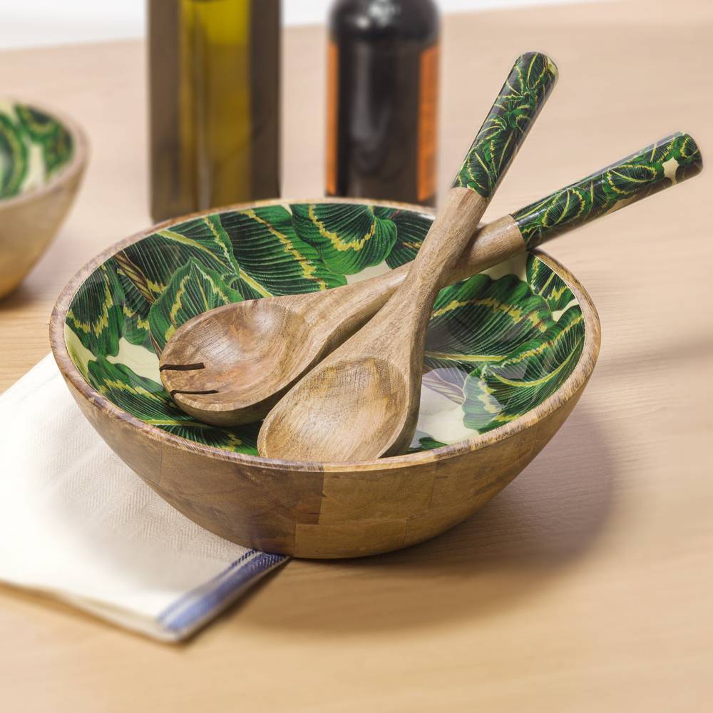 Woodluv Set of 2 Mango Wood Tropical Enamelled Salad Servers