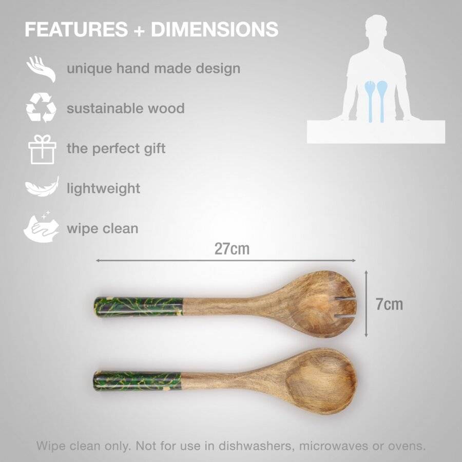 Woodluv Set of 2 Mango Wood Tropical Enamelled Salad Servers