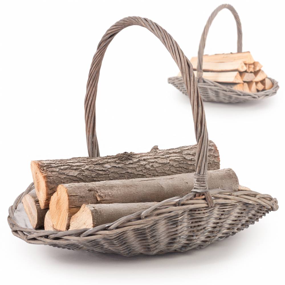 Woodluv Set of 2 Oval Willow Log Basket with Handles, Rustic Grey