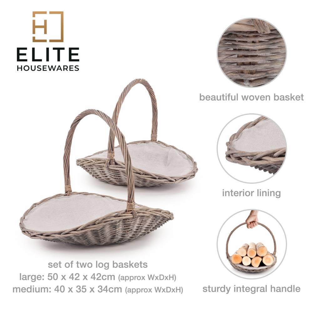 Woodluv Set of 2 Oval Willow Log Basket with Handles, Rustic Grey