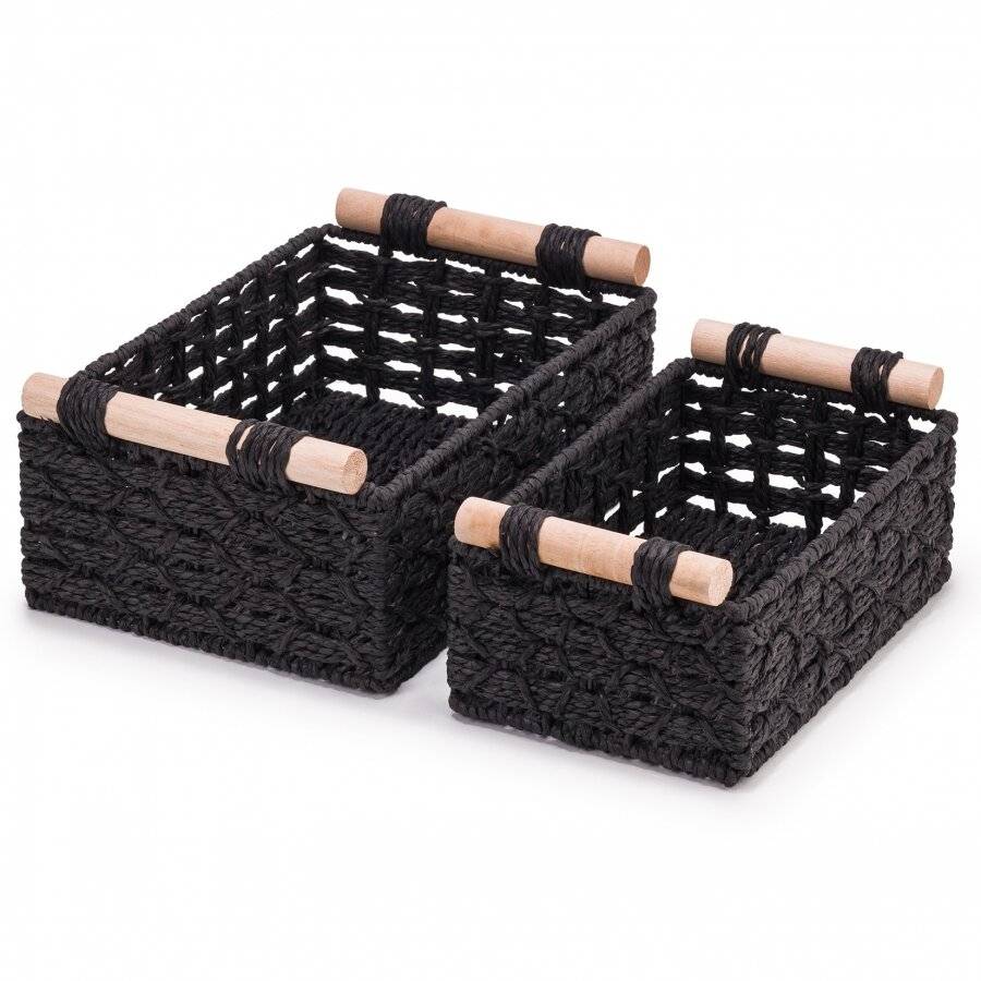 Woodluv Set of 2 Paper Rope Storage Baskets With Wooden Handle, Black