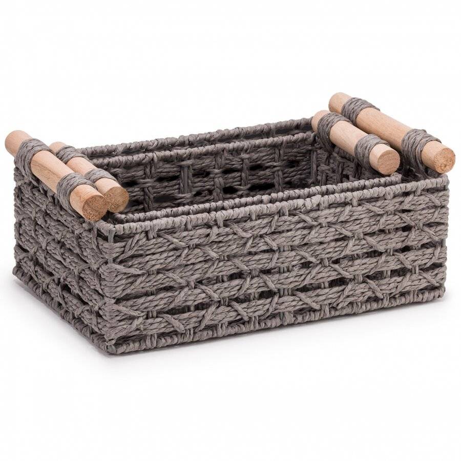 Woodluv Set of 2 Paper Rope Storage Baskets With Wooden Handle, Grey