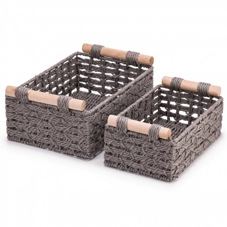 Woodluv Set of 2 Paper Rope Storage Baskets With Wooden Handle, Grey
