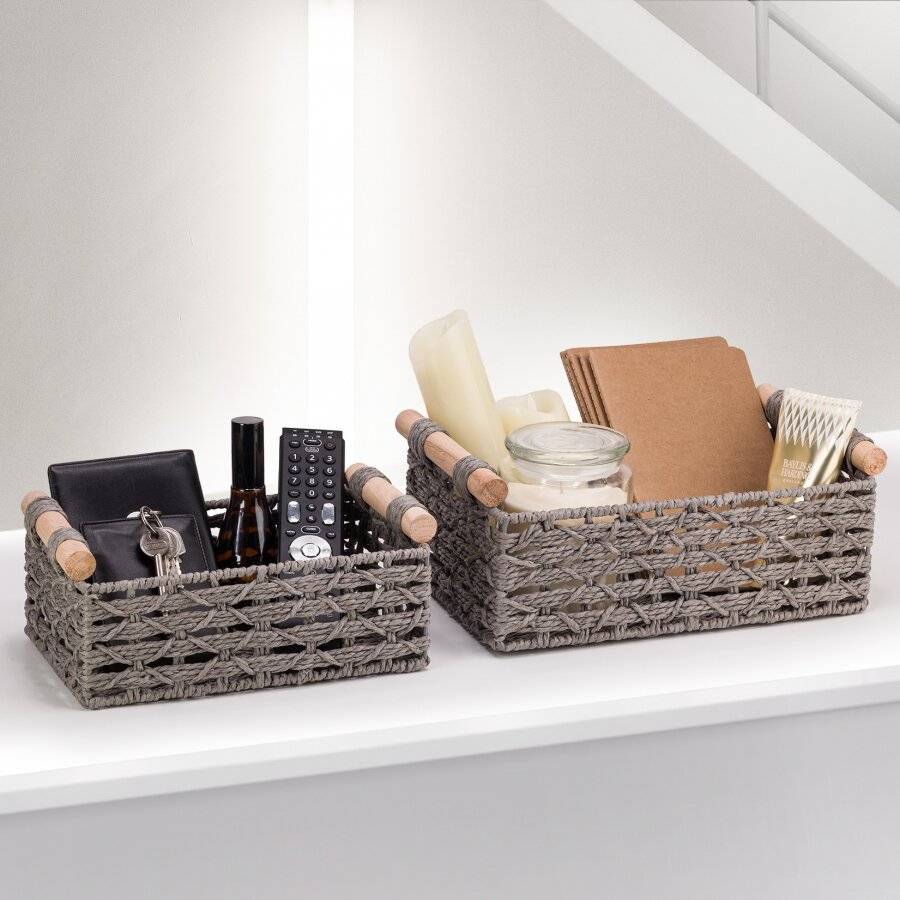 Woodluv Set of 2 Paper Rope Storage Baskets With Wooden Handle, Grey
