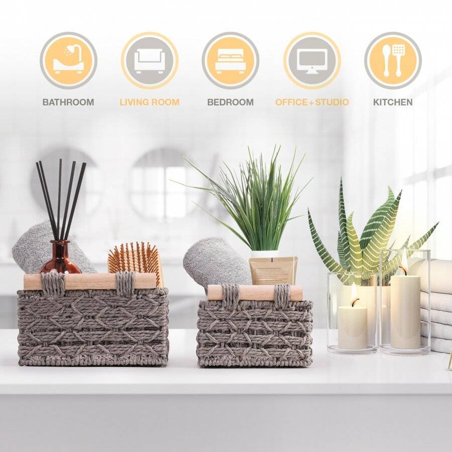 Woodluv Set of 2 Paper Rope Storage Baskets With Wooden Handle, Grey