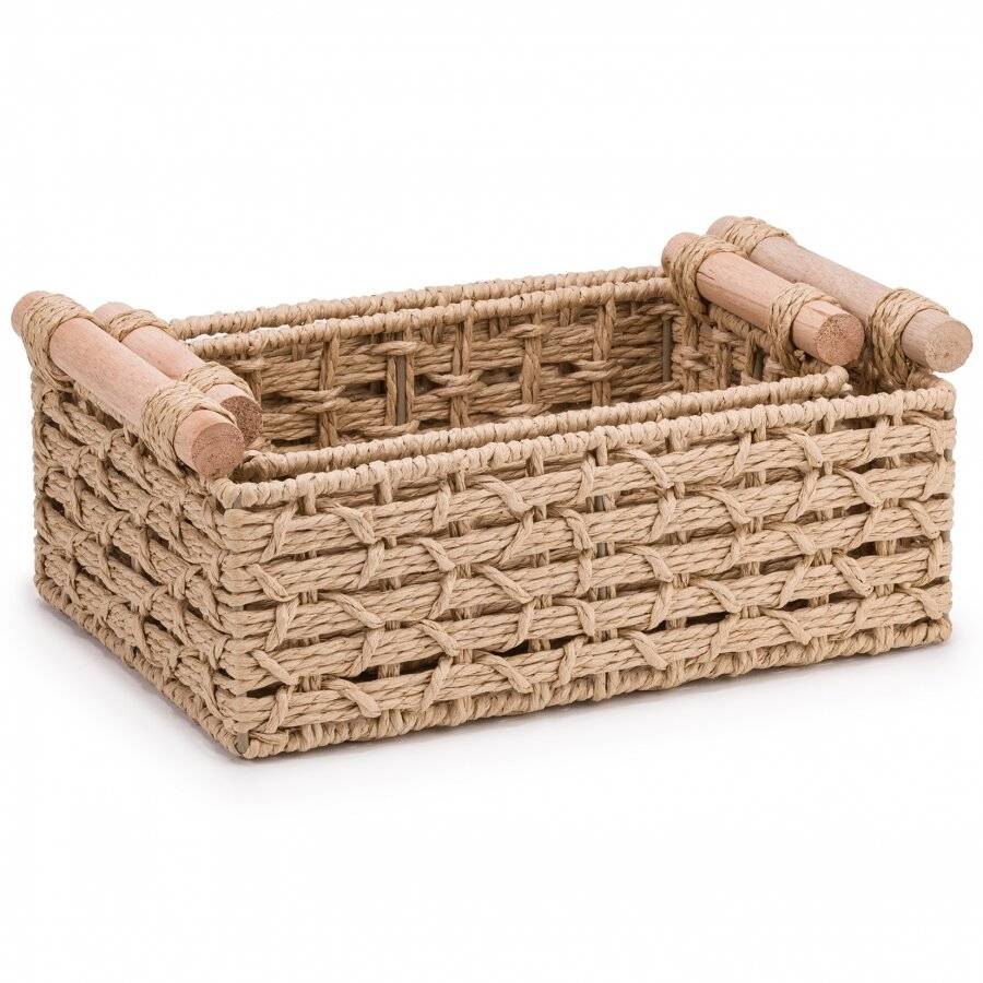 Woodluv Set of 2 Paper Rope Storage Baskets With Wooden Handle, Khaki