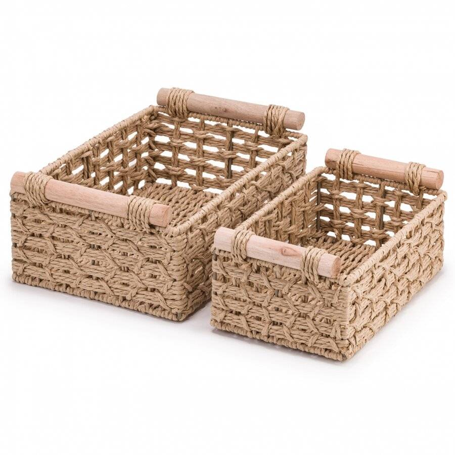 Woodluv Set of 2 Paper Rope Storage Baskets With Wooden Handle, Khaki