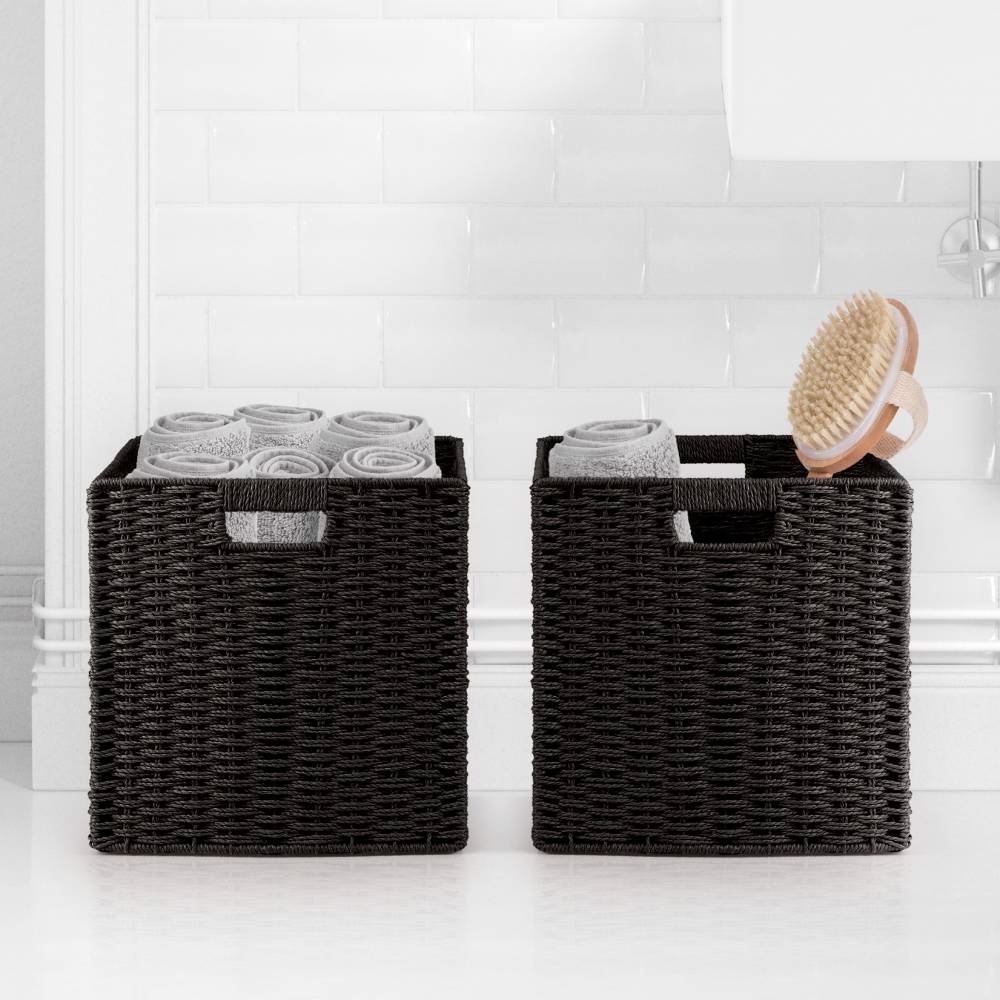 Woodluv Set of 2 Paper rope Storage Collapsible Baskets, Black