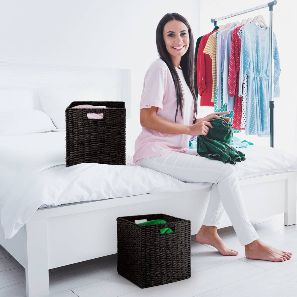 Woodluv Set of 2 Paper rope Storage Collapsible Baskets, Black