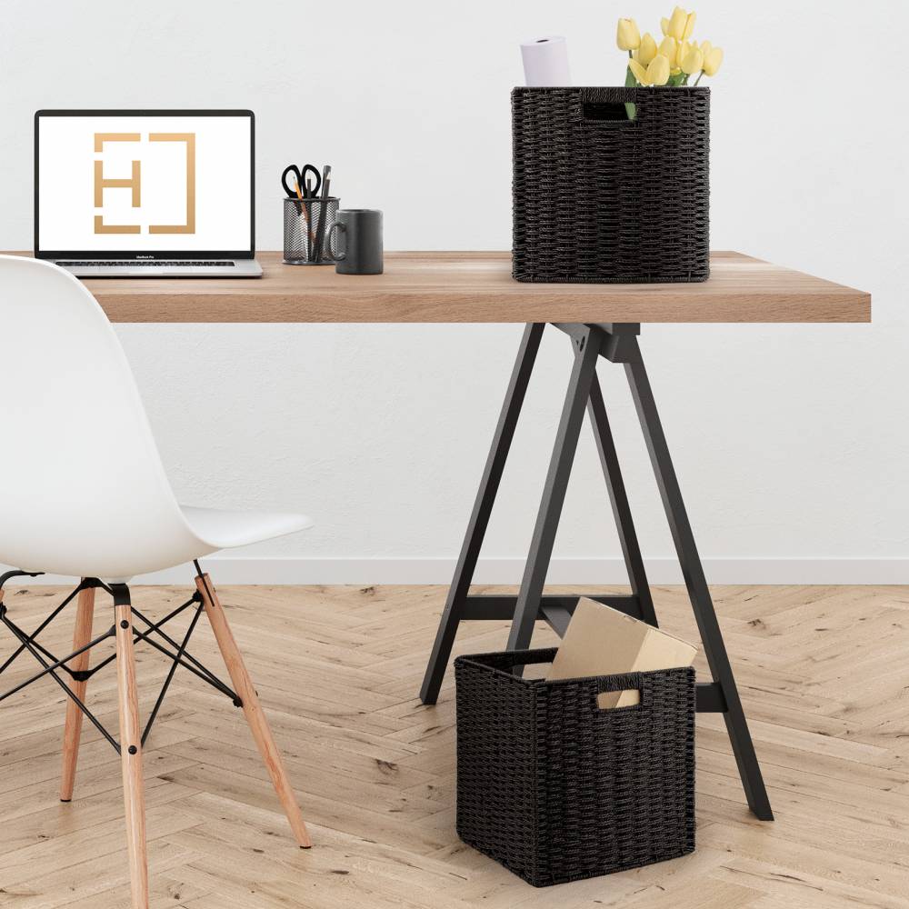 Woodluv Set of 2 Paper rope Storage Collapsible Baskets, Black