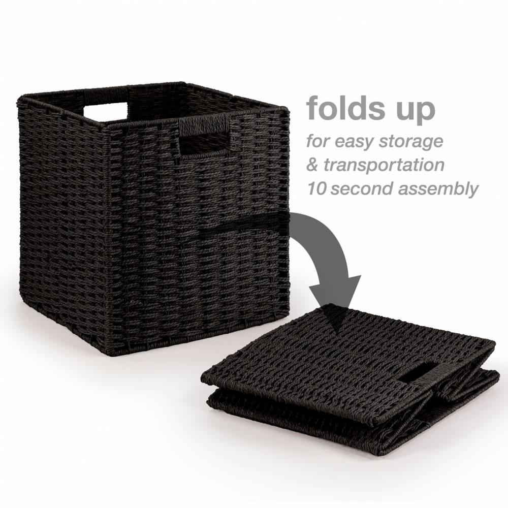 Woodluv Set of 2 Paper rope Storage Collapsible Baskets, Black