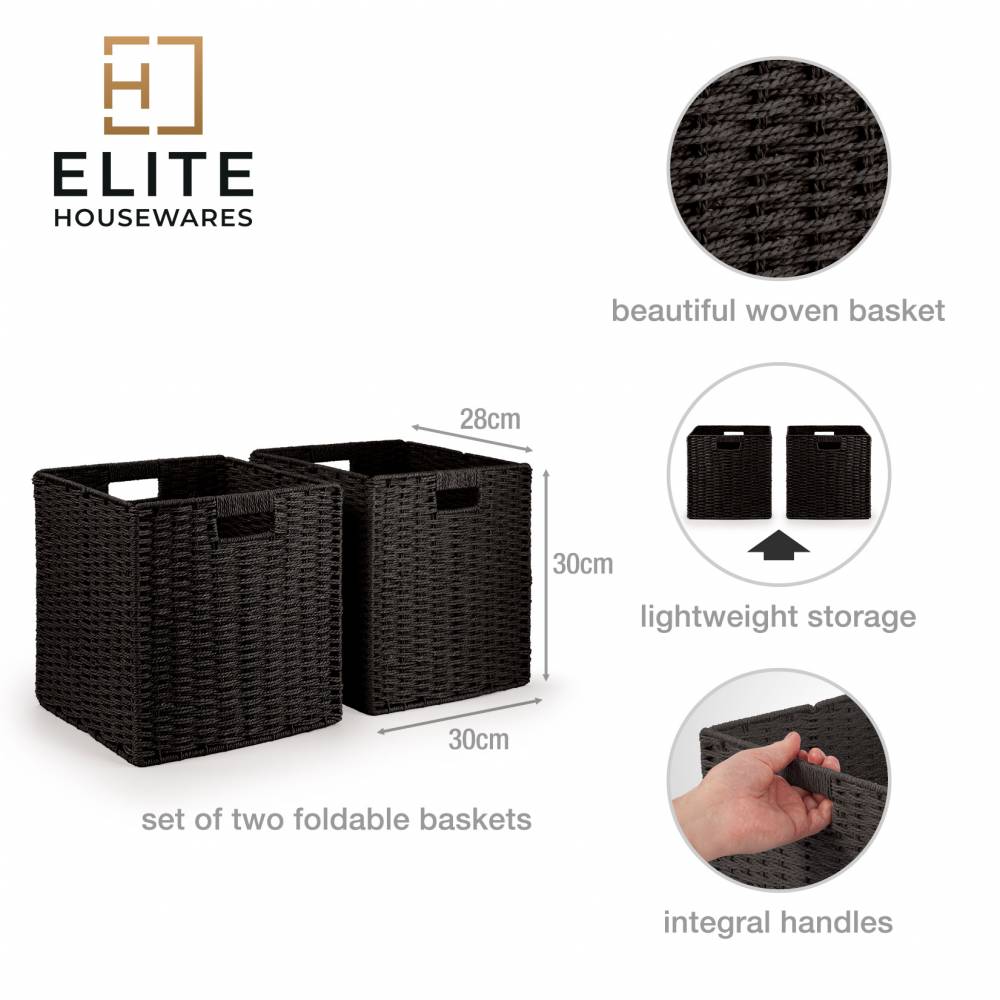Woodluv Set of 2 Paper rope Storage Collapsible Baskets, Black