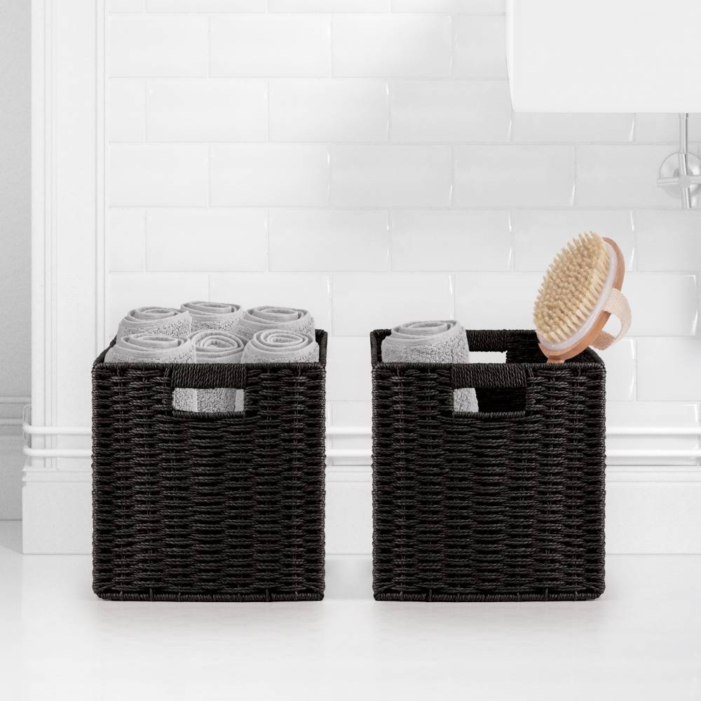 Woodluv Set of 2 Paper rope Storage Collapsible Baskets, Black