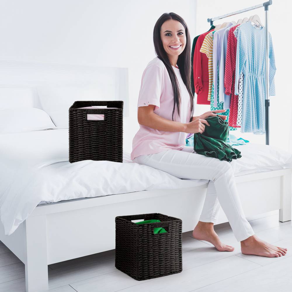 Woodluv Set of 2 Paper rope Storage Collapsible Baskets, Black