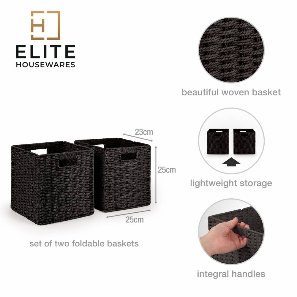 Woodluv Set of 2 Paper rope Storage Collapsible Baskets, Black