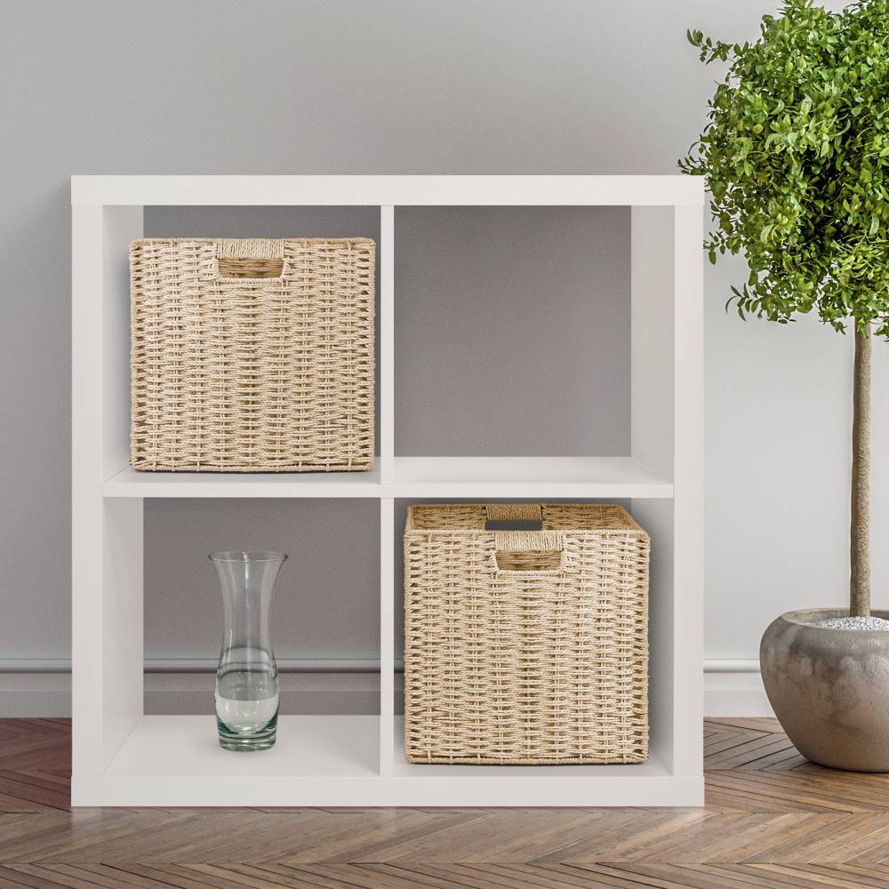 Woodluv Set of 2 Paper rope Storage Collapsible Baskets, Cream