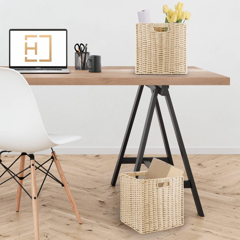Woodluv Set of 2 Paper rope Storage Collapsible Baskets, Cream