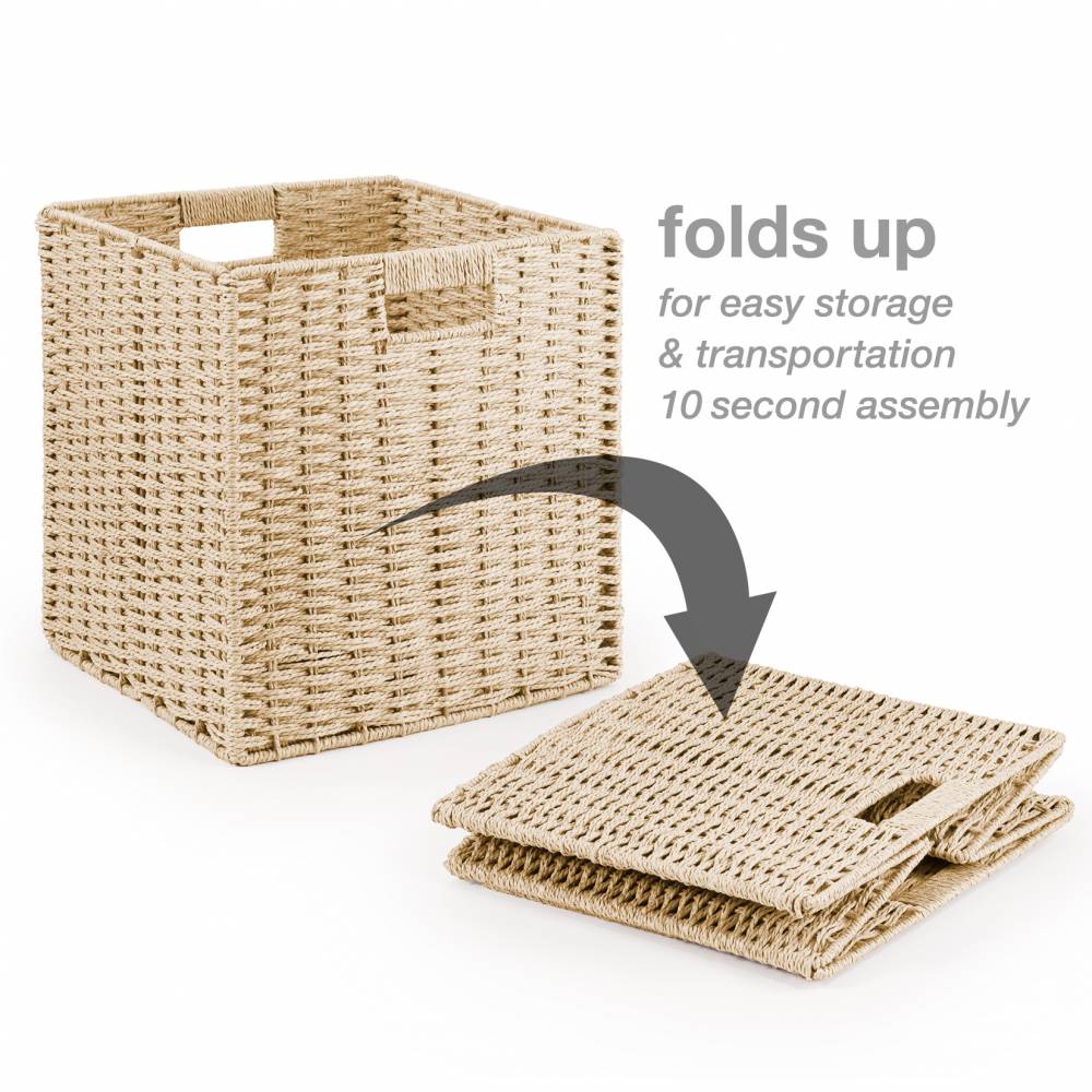 Woodluv Set of 2 Paper rope Storage Collapsible Baskets, Cream