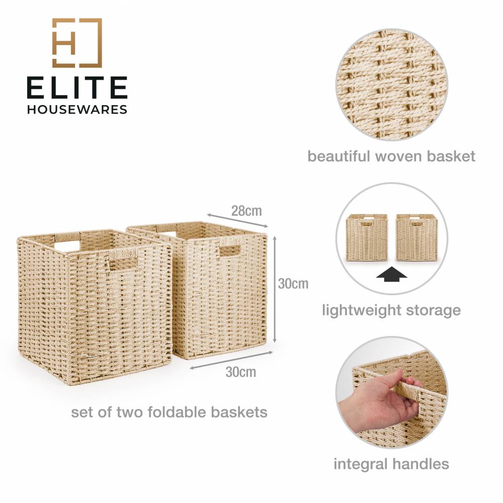 Woodluv Set of 2 Paper rope Storage Collapsible Baskets, Cream