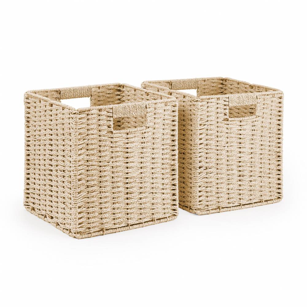 Woodluv Set of 2 Paper rope Storage Collapsible Baskets, Cream