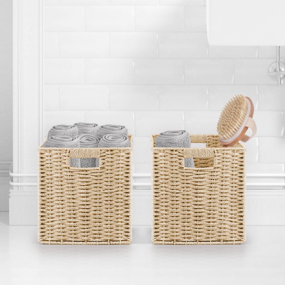 Woodluv Set of 2 Paper rope Storage Collapsible Baskets, Cream