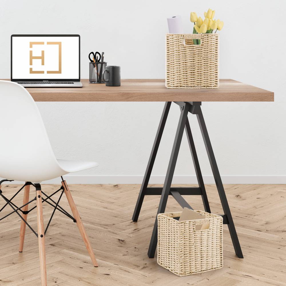 Woodluv Set of 2 Paper rope Storage Collapsible Baskets, Cream
