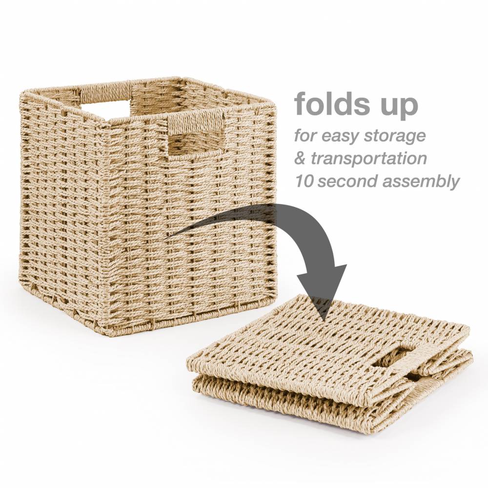 Woodluv Set of 2 Paper rope Storage Collapsible Baskets, Cream