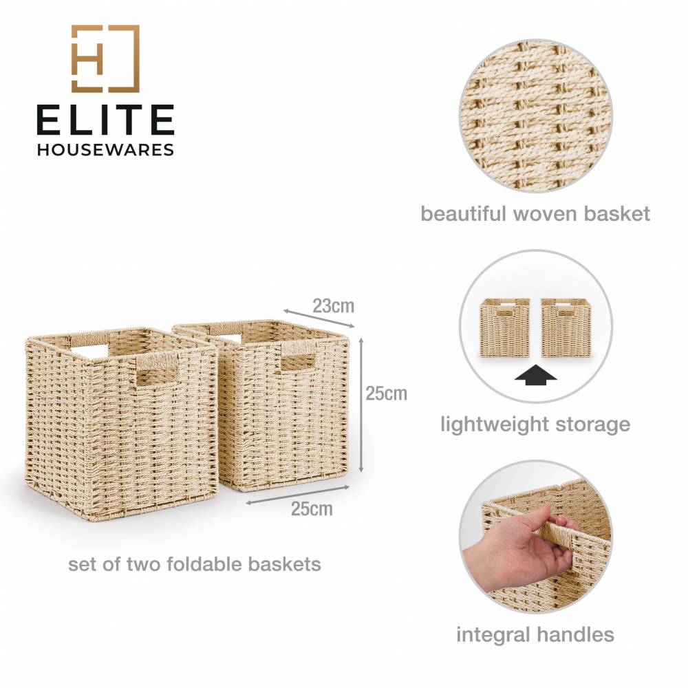 Woodluv Set of 2 Paper rope Storage Collapsible Baskets, Cream