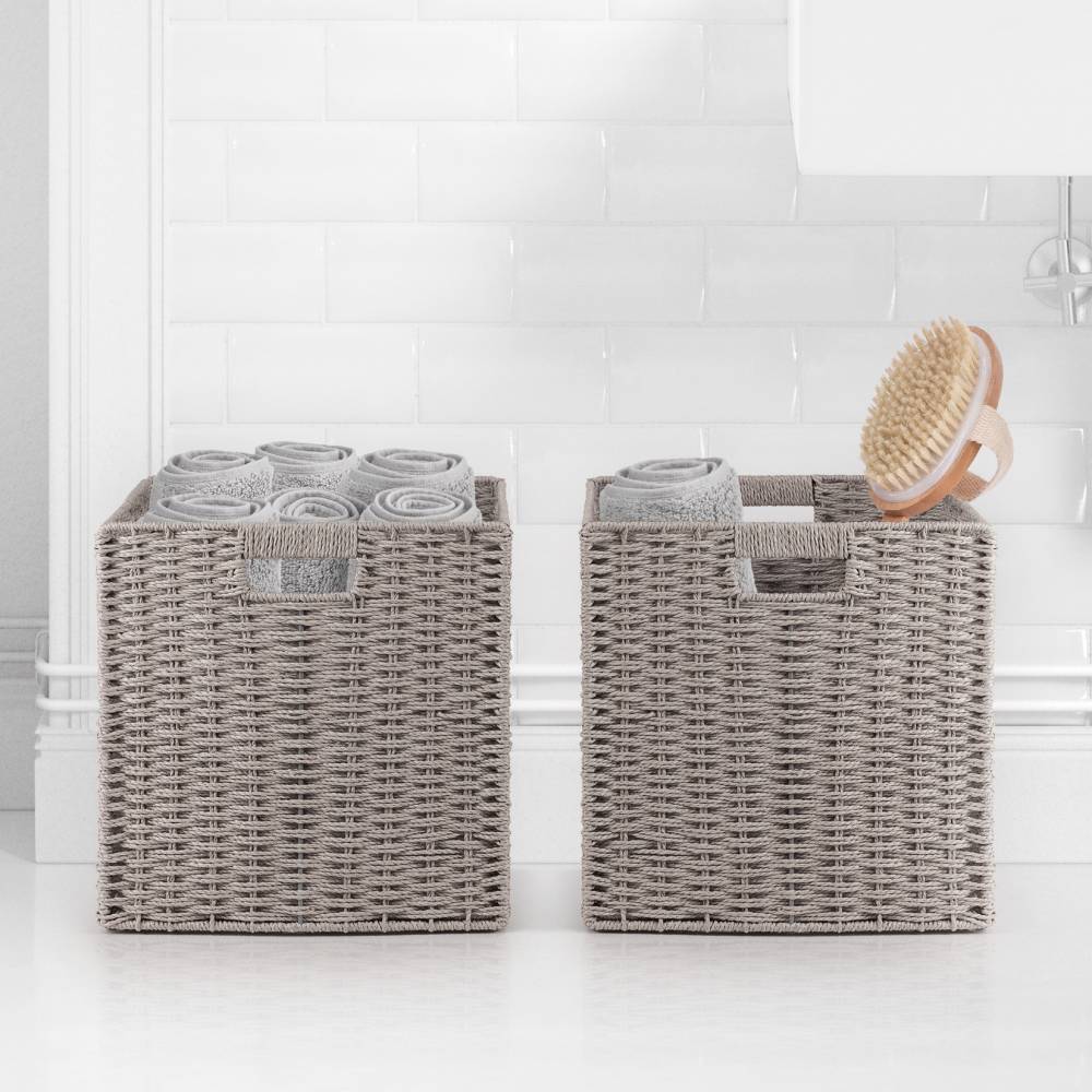 Woodluv Set of 2 Paper rope Storage Collapsible Baskets, Grey