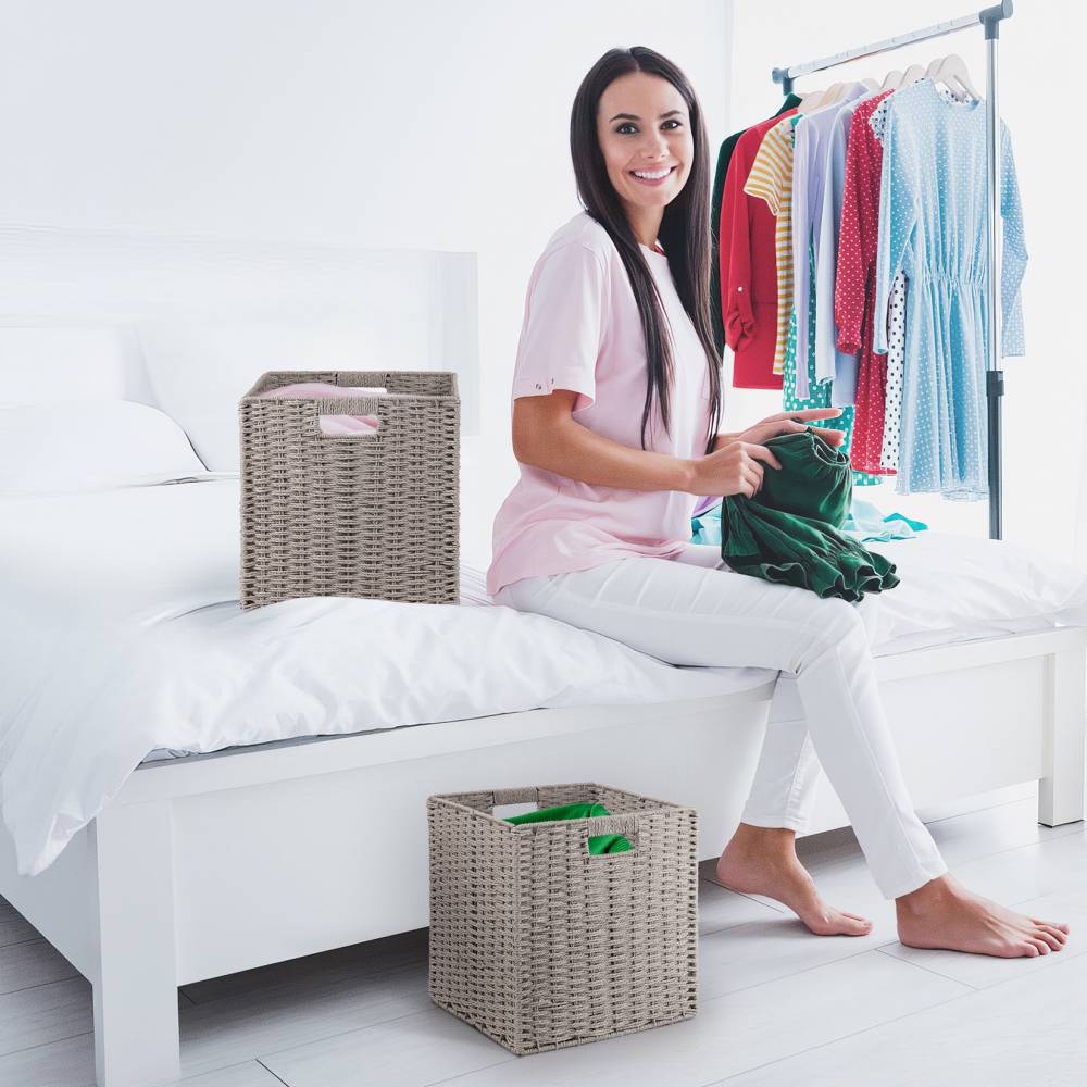 Woodluv Set of 2 Paper rope Storage Collapsible Baskets, Grey