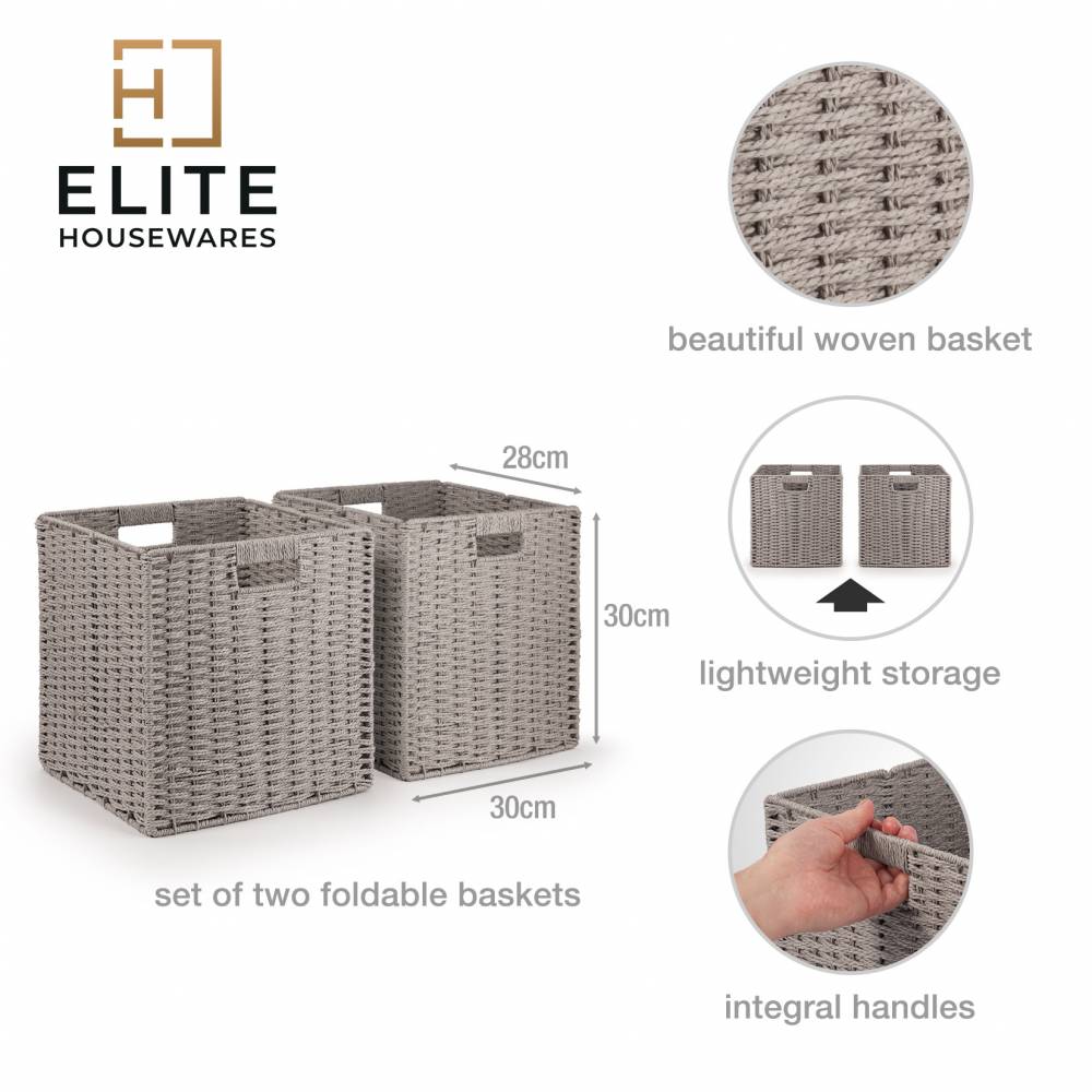 Woodluv Set of 2 Paper rope Storage Collapsible Baskets, Grey