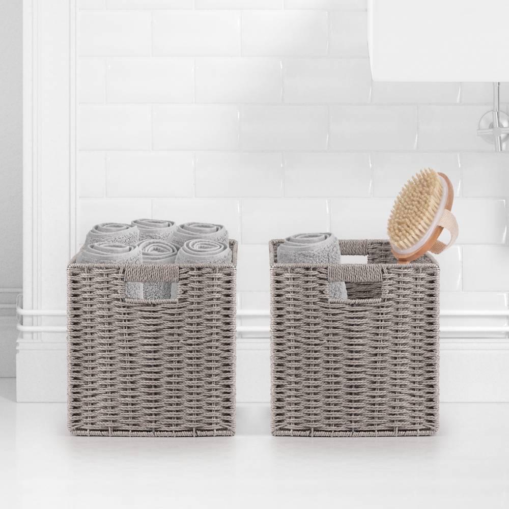 Woodluv Set of 2 Paper rope Storage Collapsible Baskets, Grey
