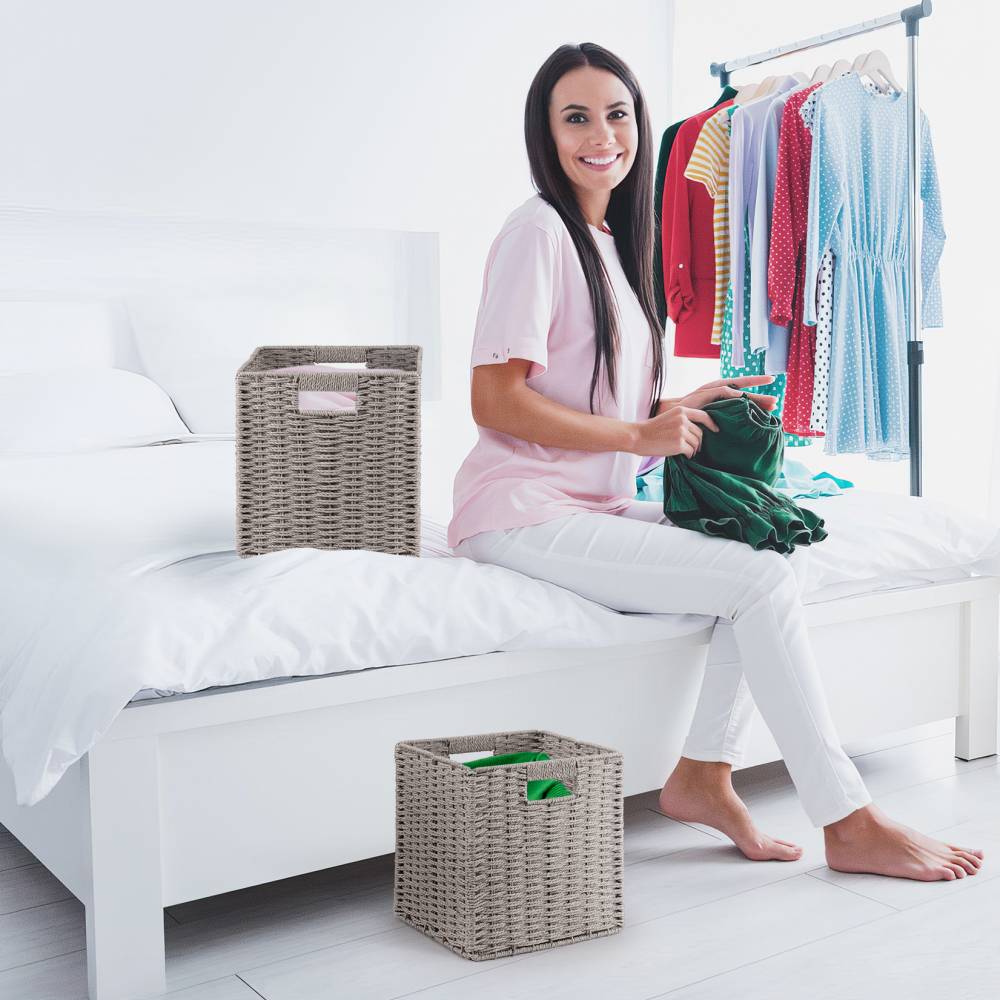 Woodluv Set of 2 Paper rope Storage Collapsible Baskets, Grey