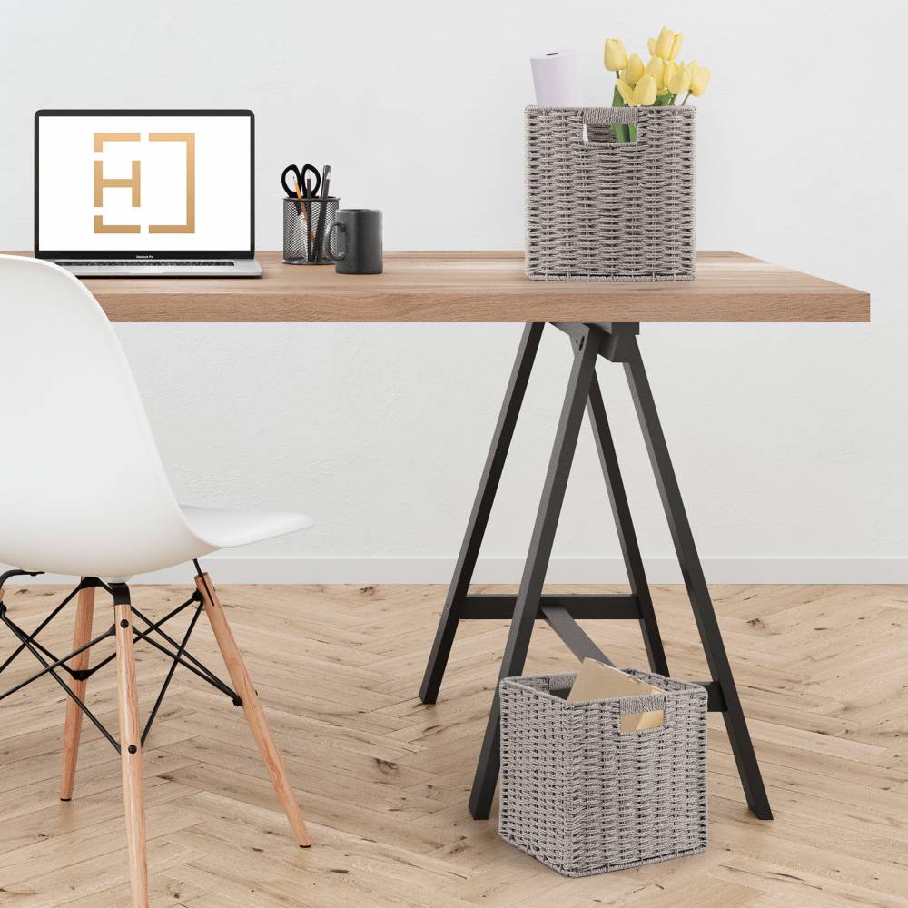 Woodluv Set of 2 Paper rope Storage Collapsible Baskets, Grey