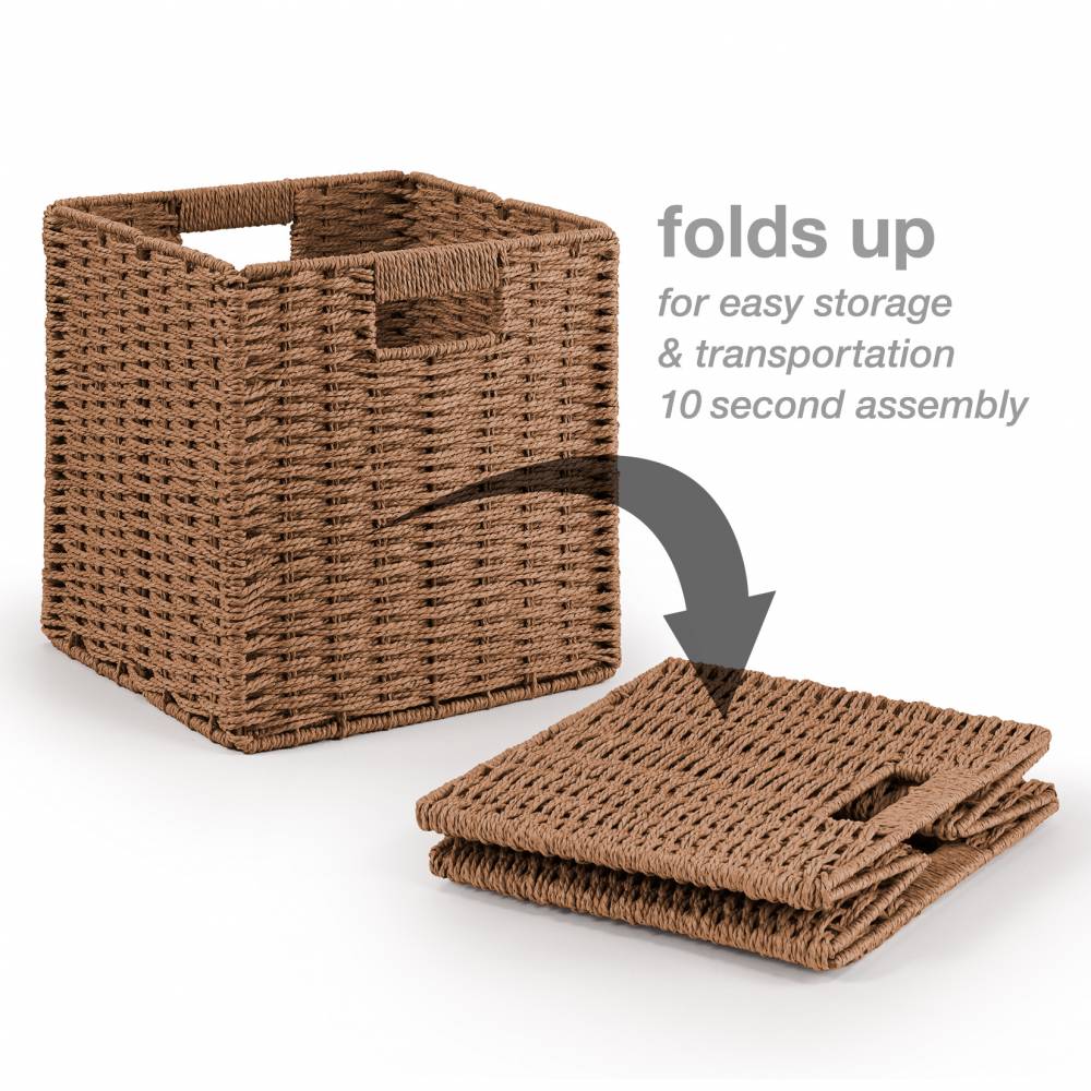 Woodluv Set of 2 Paper rope Storage Collapsible Baskets, Khaki