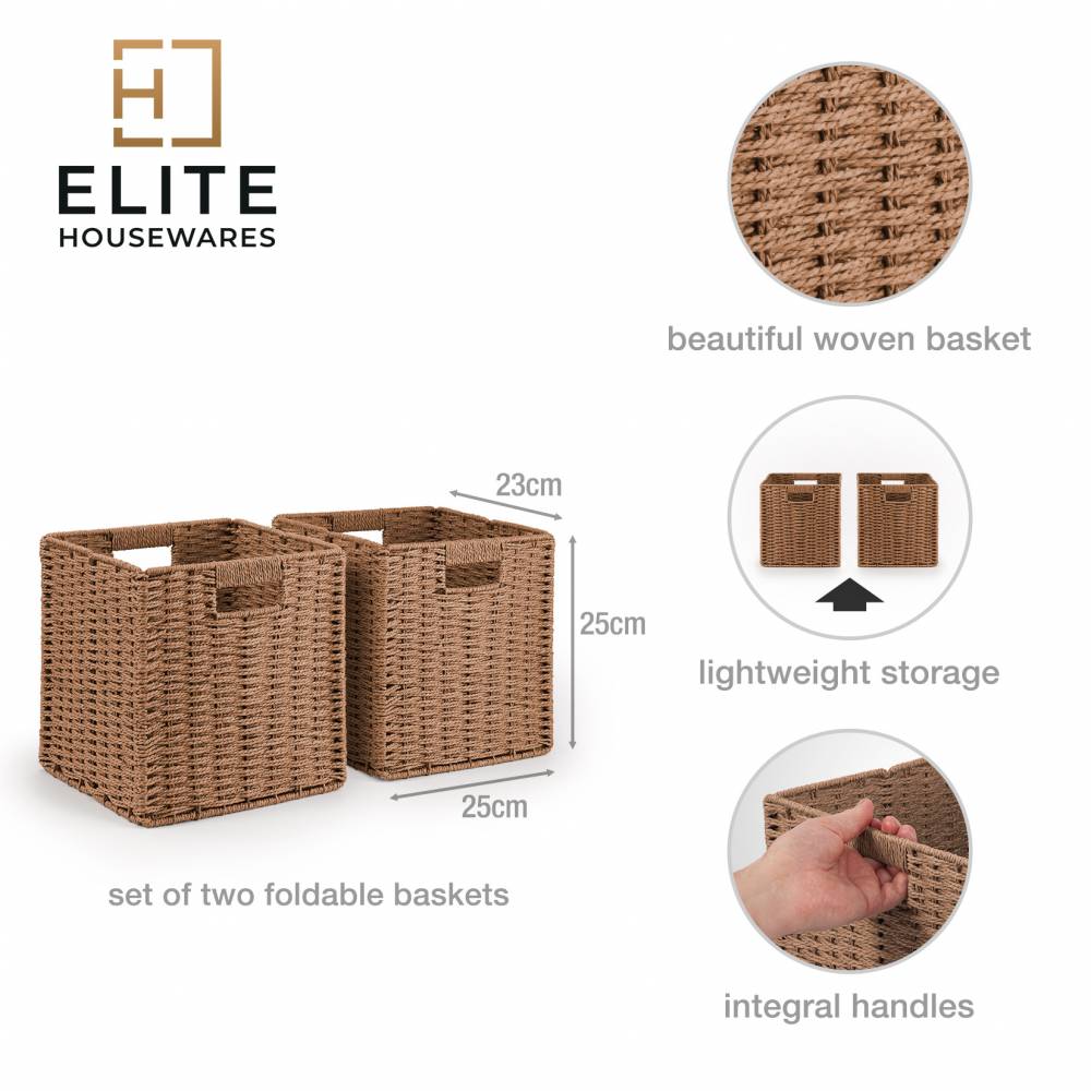 Woodluv Set of 2 Paper rope Storage Collapsible Baskets, Khaki