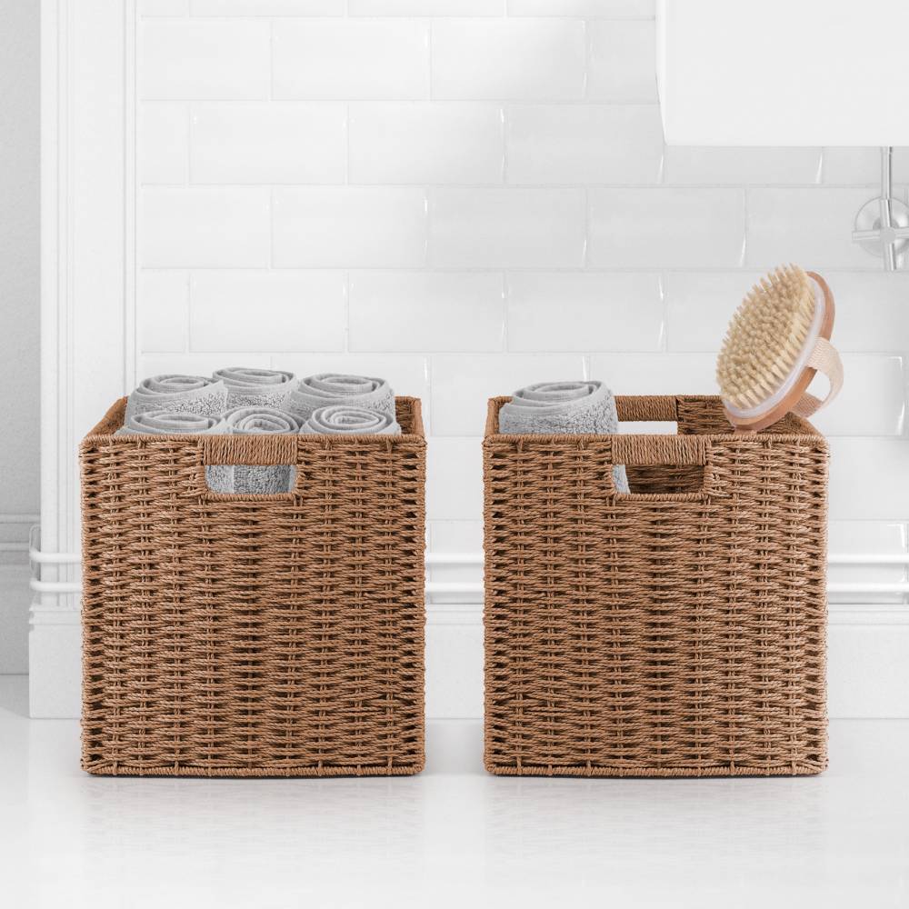 Woodluv Set of 2 Paper rope Storage Collapsible Baskets, Khaki