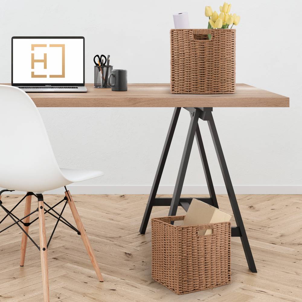 Woodluv Set of 2 Paper rope Storage Collapsible Baskets, Khaki