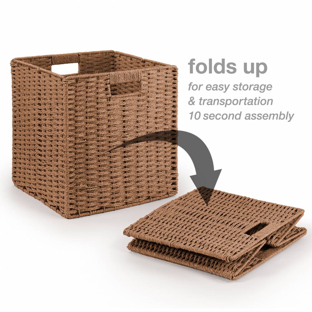Woodluv Set of 2 Paper rope Storage Collapsible Baskets, Khaki