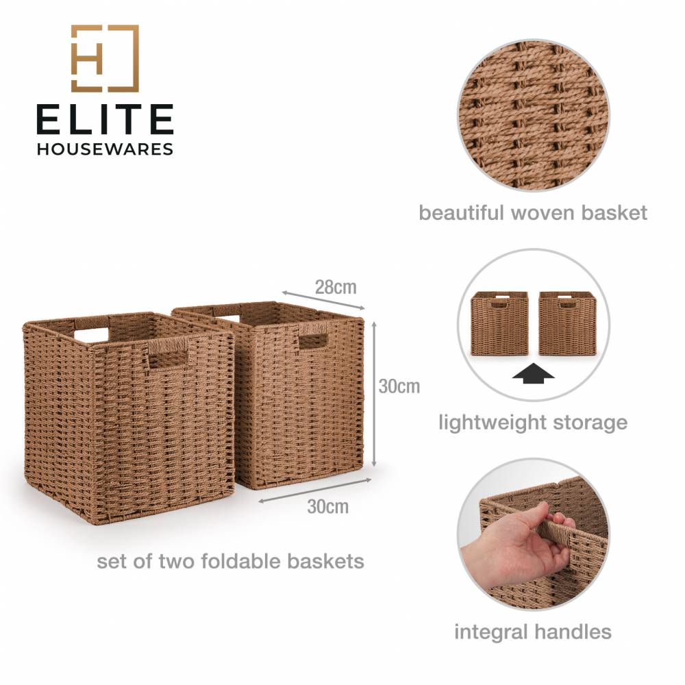 Woodluv Set of 2 Paper rope Storage Collapsible Baskets, Khaki