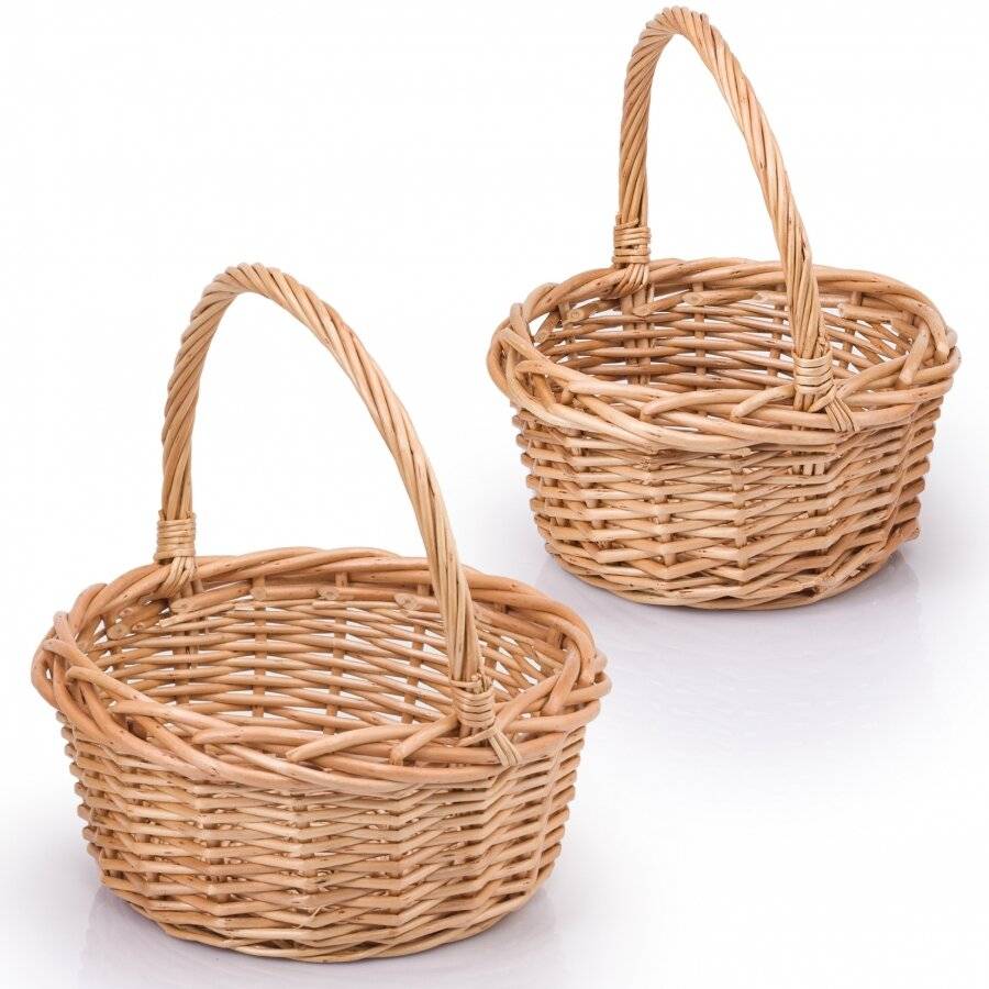 Woodluv Set of 2 Round Wicker Baskets With Long Handles - Natural