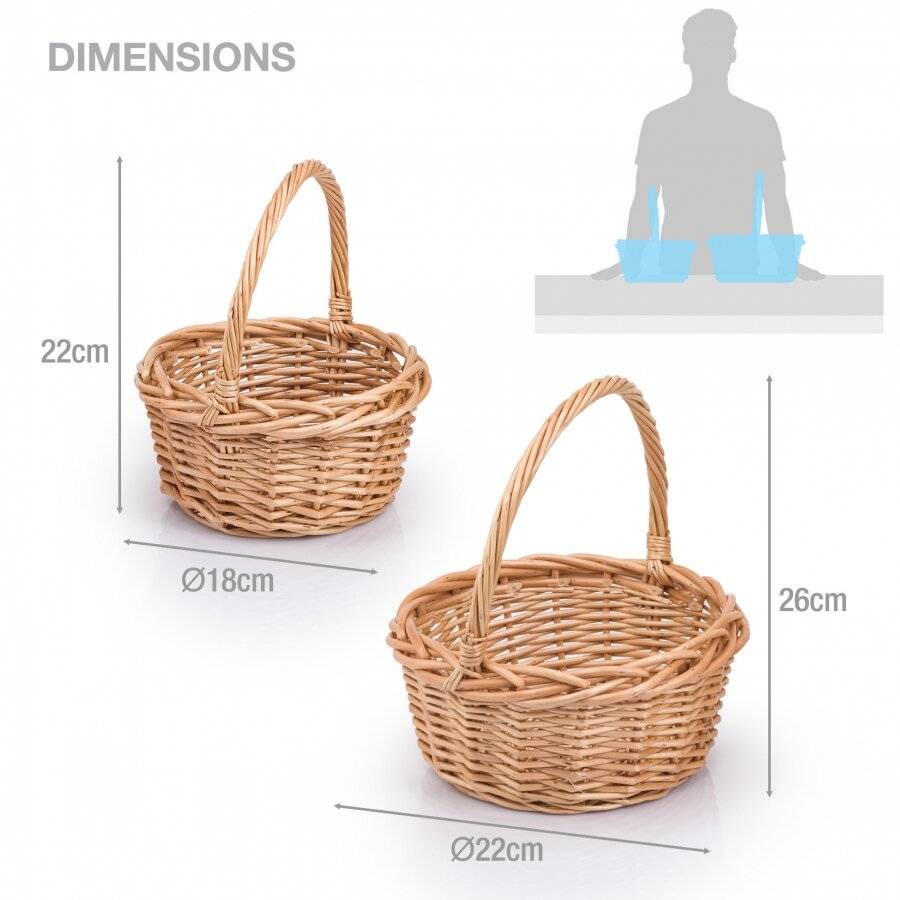 Woodluv Set of 2 Round Wicker Baskets With Long Handles - Natural